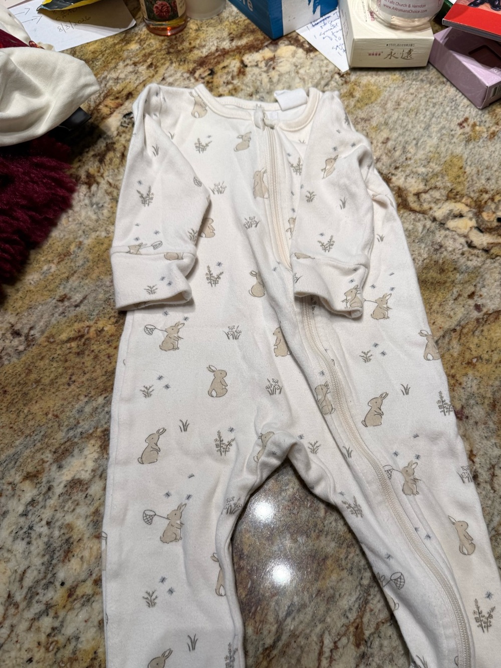 Jamie Kay Neutral Bunny-Print Zip Front Baby One-Piece - Cream